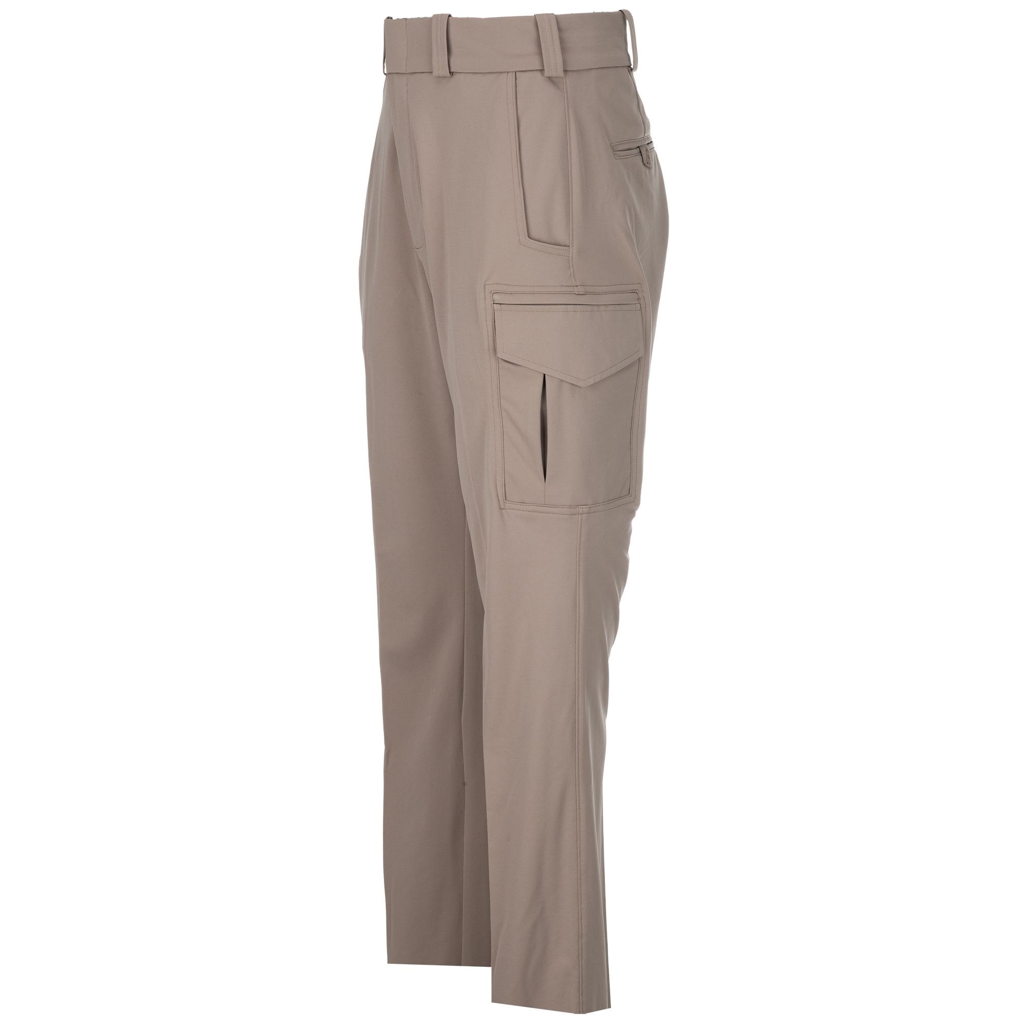Product shot showing beige cargo pants with a belted waist, a zippered pocket, and multiple detailed cargo pockets featuring subtle stitching