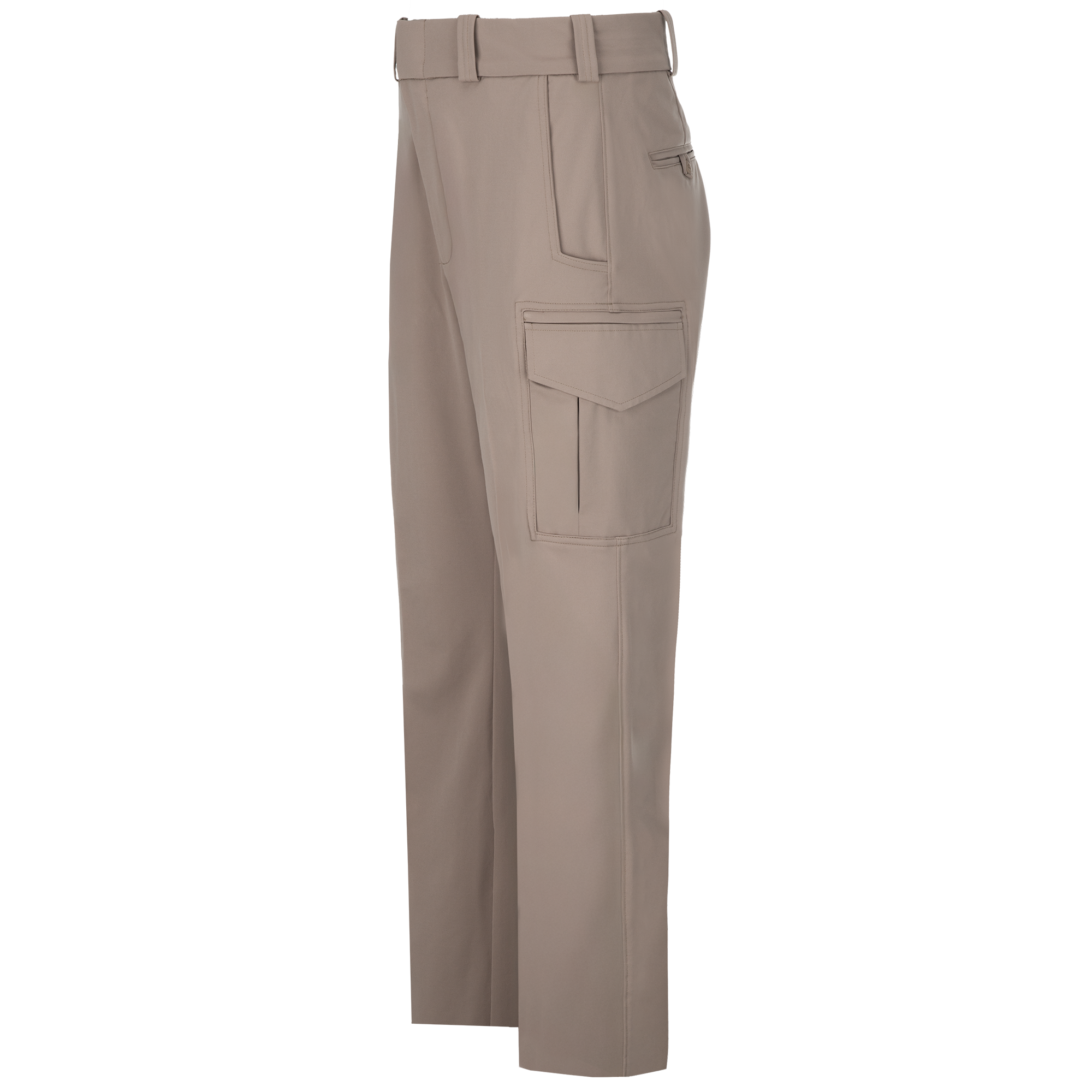 Product shot of beige women's cargo pants featuring a belted waist, a zippered pocket, and a large utility pocket with detailed stitching