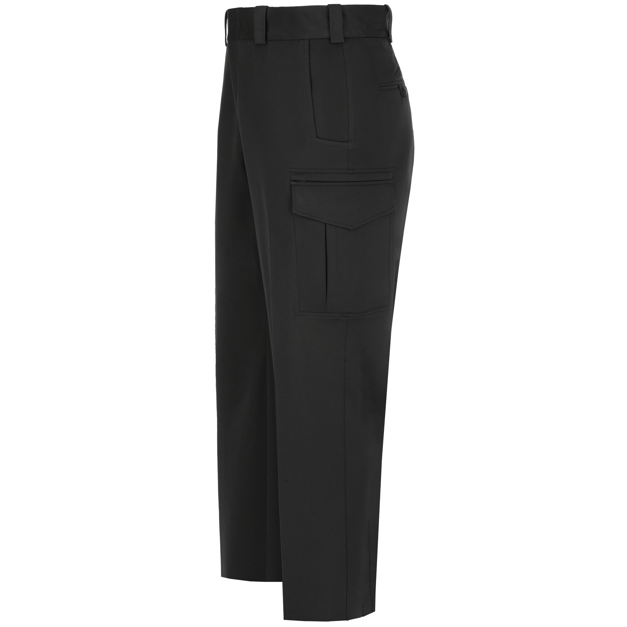Product shot showing black pants with a visible belt, a prominent cargo pocket, and subtle stitching details