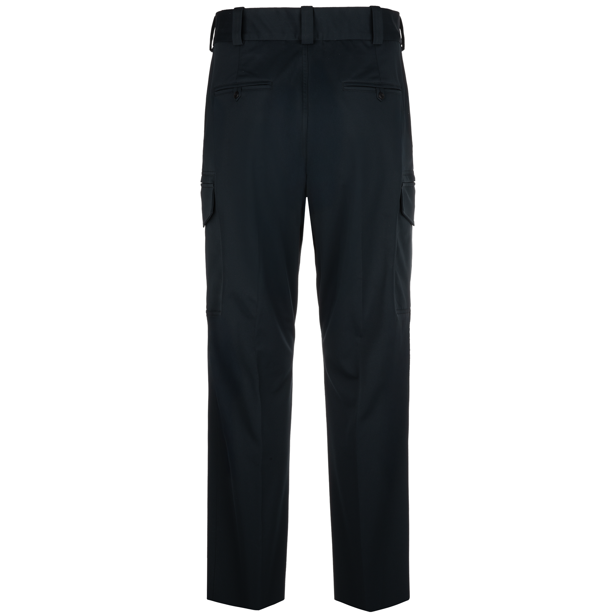 Product shot of dark navy blue men's cargo pants featuring a buttoned waistband, two back pockets, and two sizable side cargo pockets