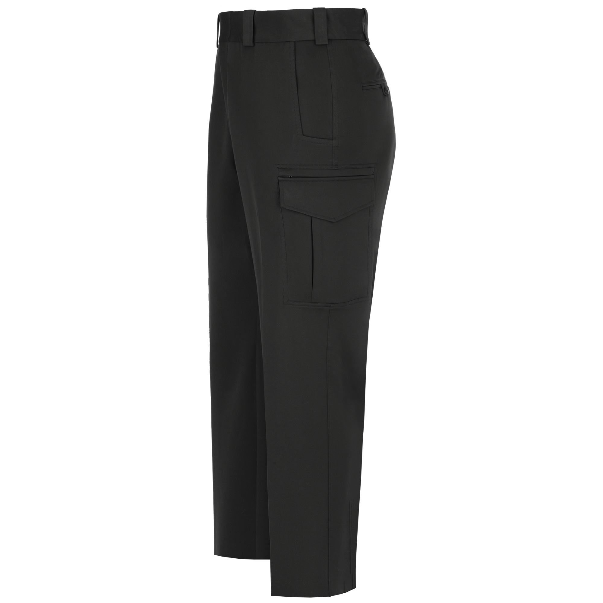 Product shot of black women's tactical pants featuring a side cargo pocket, a back welt pocket, and a buttoned waistband