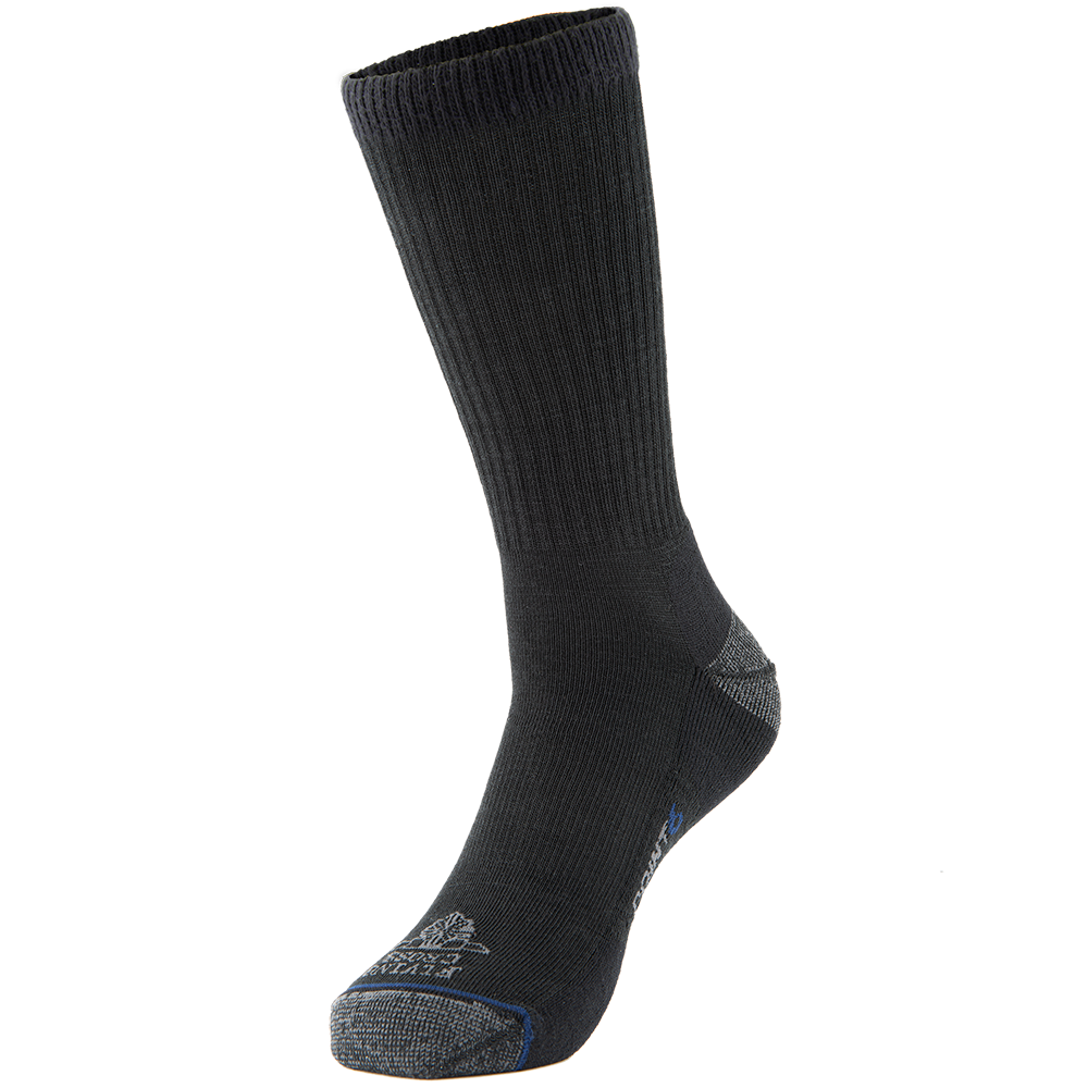 Product shot of a dark gray Darn Tough Vermont crew sock featuring reinforced toe and heel and a subtle blue accent at the heel and toe