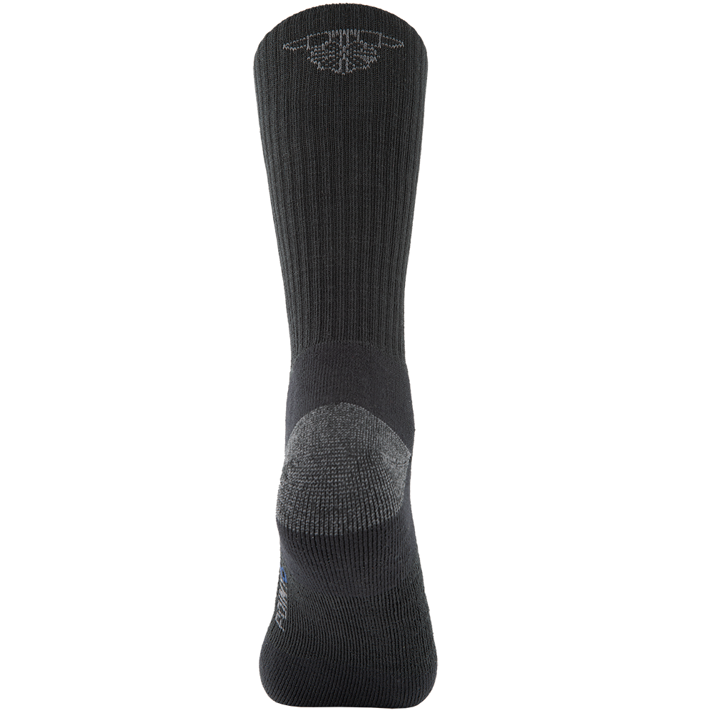 Product shot showing a Carhartt dark gray crew sock featuring a reinforced toe and heel and a small logo at the top