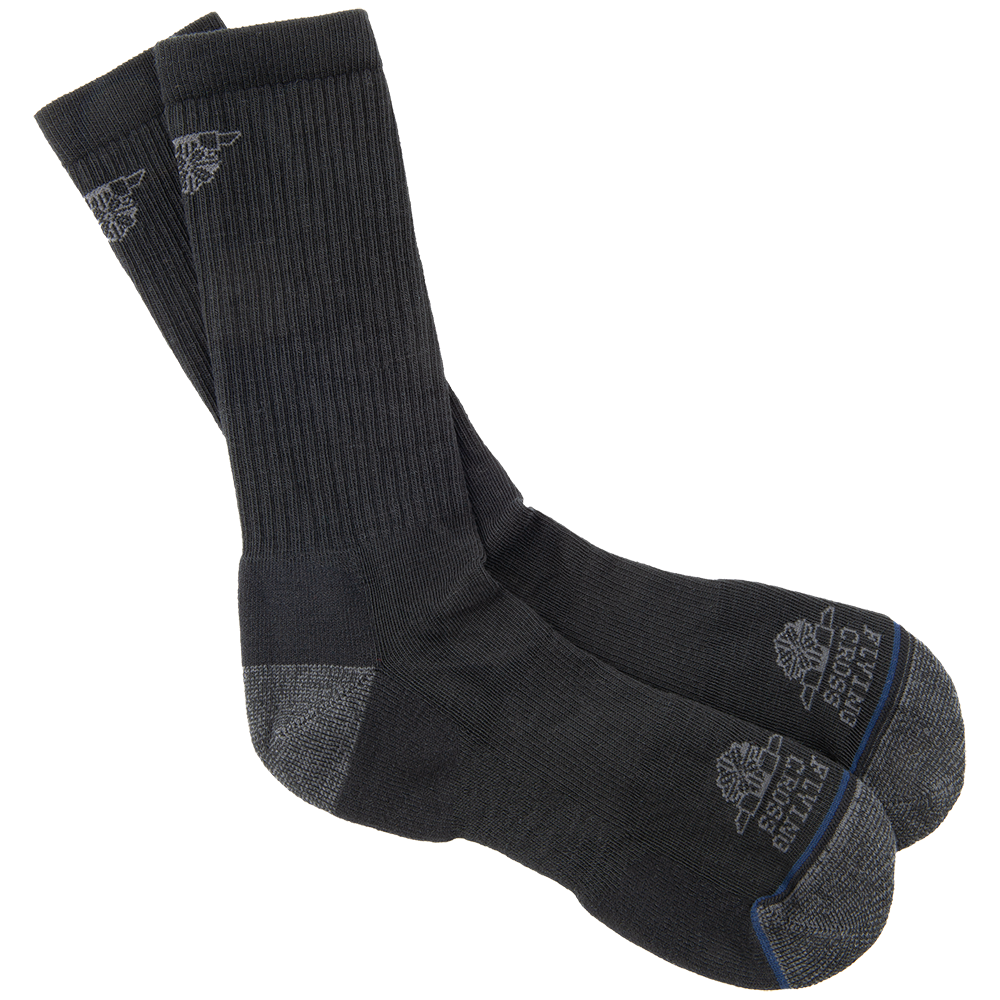 Product photography of a pair of dark gray Thorlos crew socks featuring reinforced heel and toe areas and a small embroidered logo on each sock