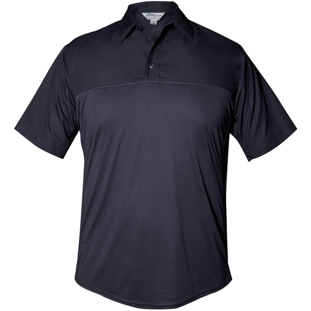 Product photography of a dark gray First Tactical short-sleeve polo shirt featuring a contrasting band and a three-button placket showcasing its breathable and durable fabric