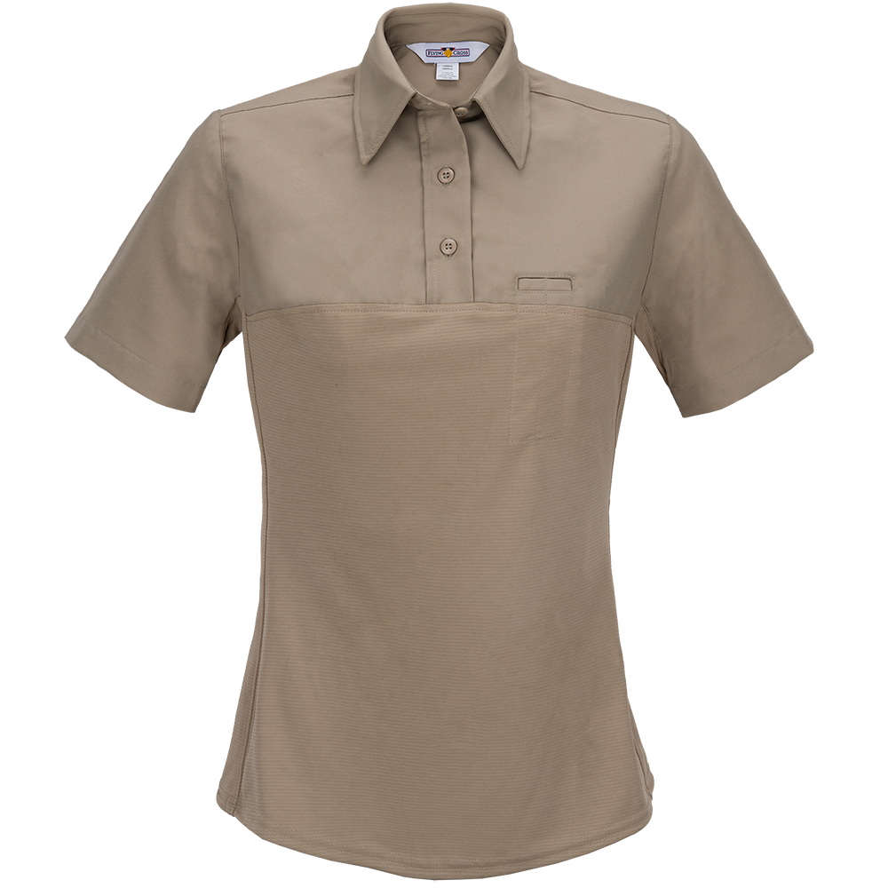 Product photo of a beige, short-sleeved women's uniform shirt featuring a contrasting textured lower section and a small chest pocket, showcasing a collared neckline and button front closure