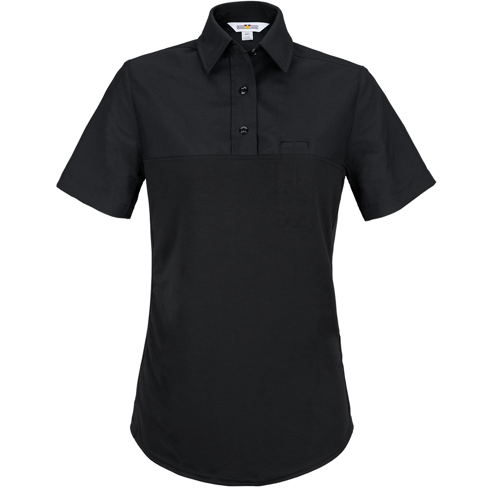 Product shot of a black women's short sleeve polo shirt with a breast pocket and contrasting textured fabric detail featuring a button placket and curved hem