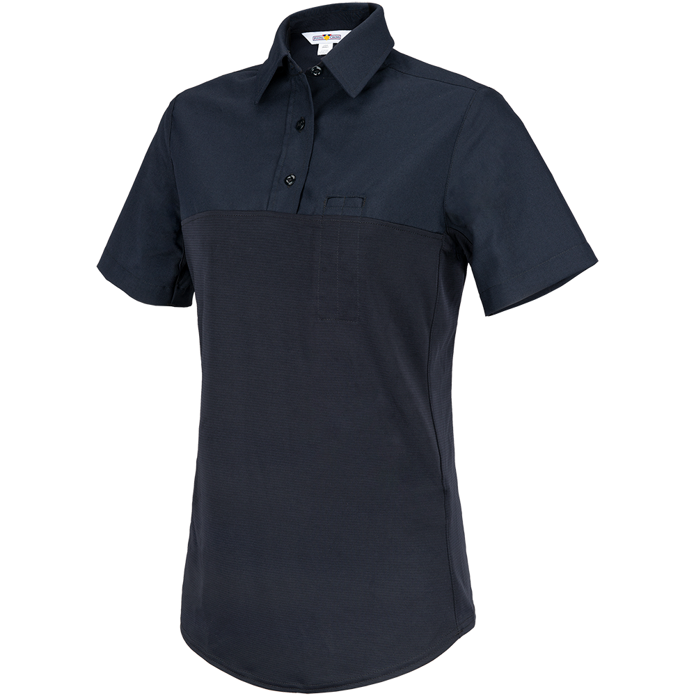 Product shot of a dark navy blue women's short-sleeved shirt with a contrasting texture on the bottom half and a small chest pocket featuring a button-down collar and short sleeves.
