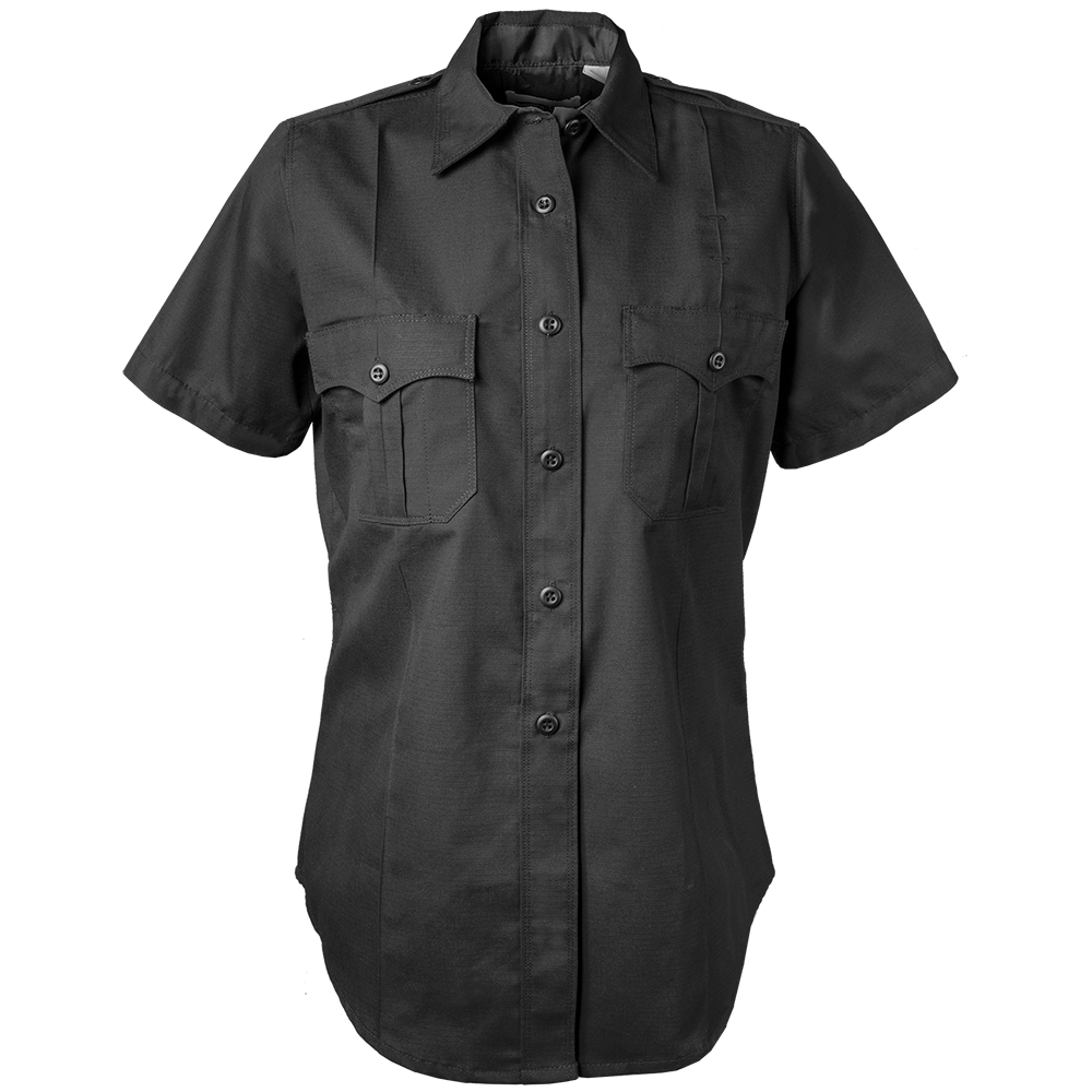 Product shot of a women's black short-sleeved uniform shirt featuring two breast pockets and a button-front closure showcasing its durable fabric and classic design