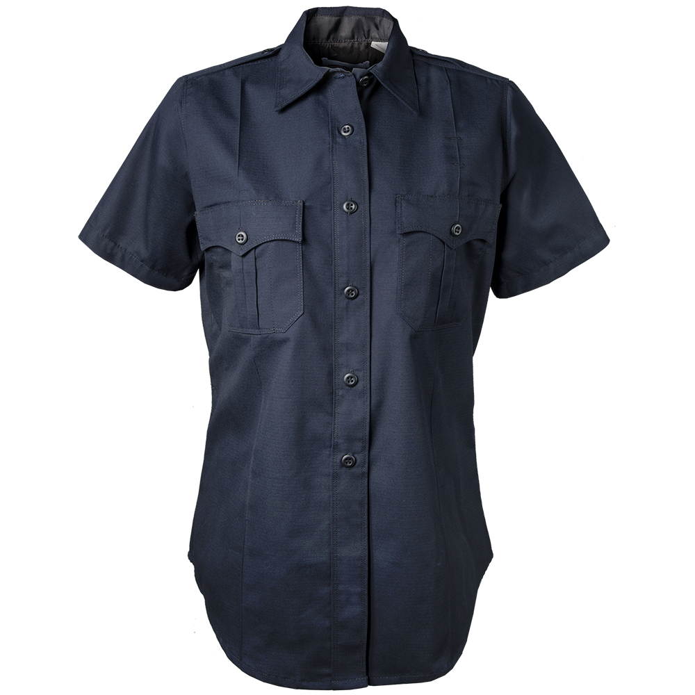 Product shot of a dark navy blue women's short sleeve uniform shirt featuring two chest pockets and a button-down front with dark buttons