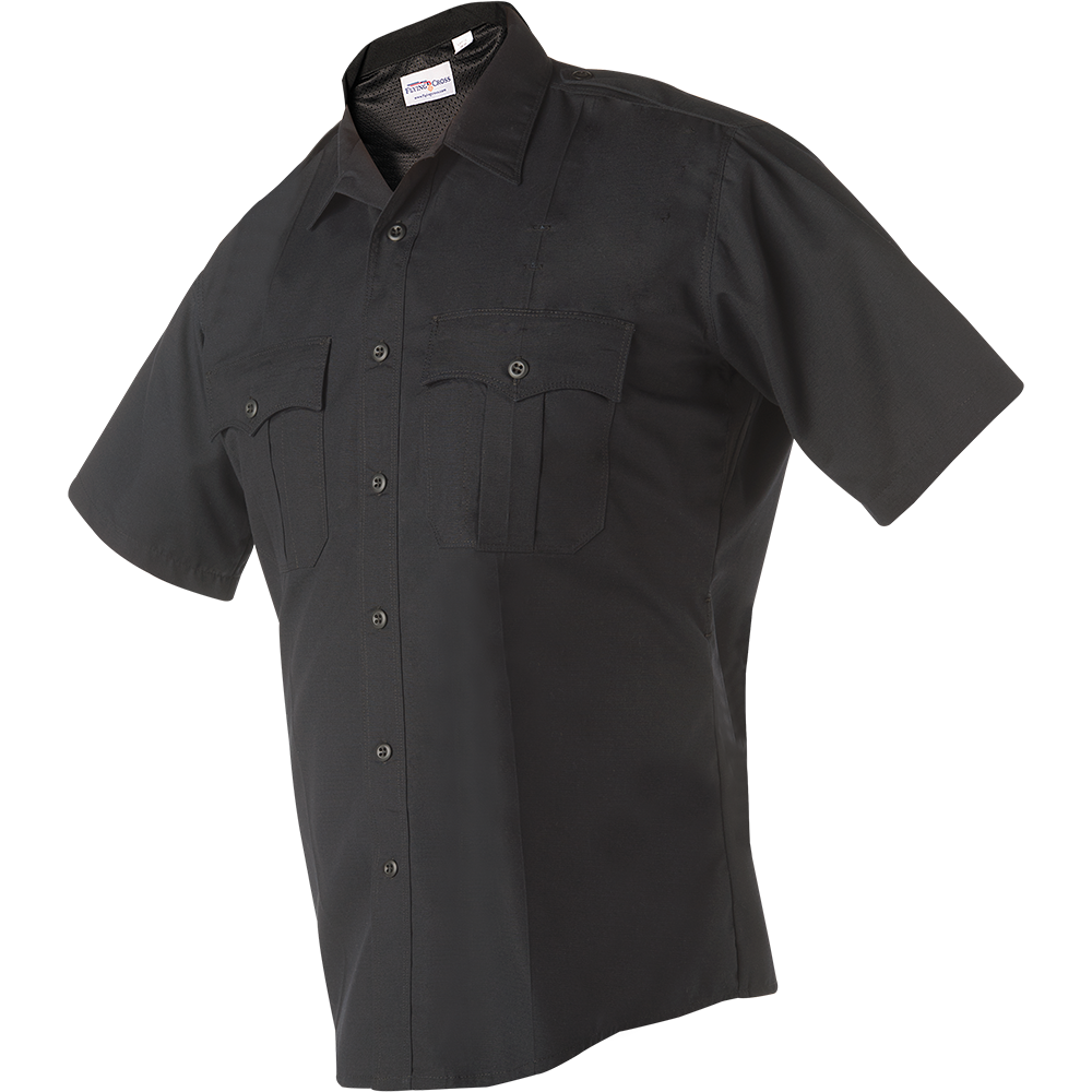 Product shot of a black, short-sleeved, button-down First Tactical shirt featuring two chest pockets with button closures and a breathable mesh back panel