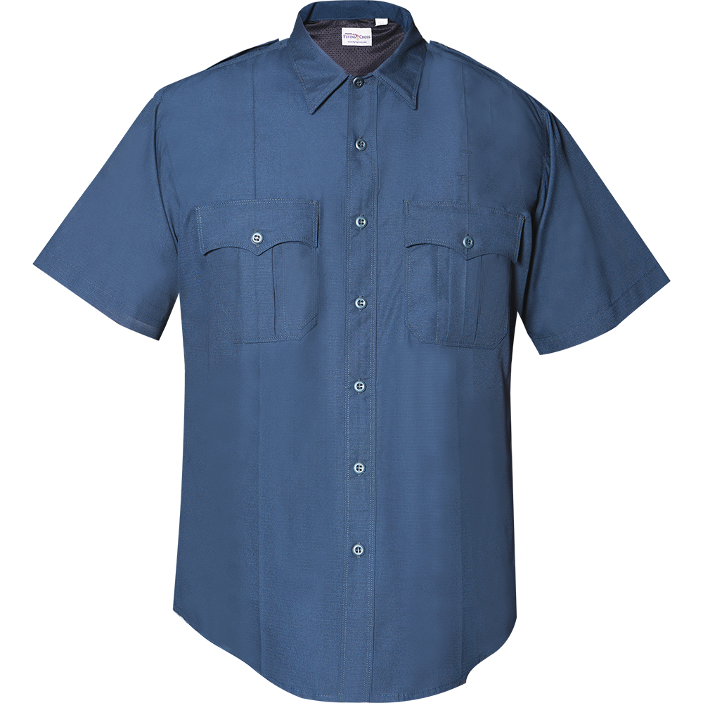 Product shot of a blue, short-sleeved, button-down shirt with two flap pockets and a breathable mesh back featuring subtle stitching and reinforced buttonholes