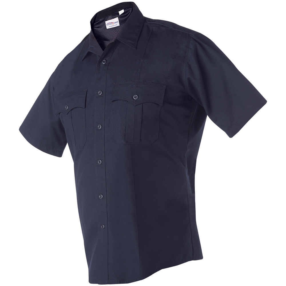 Product shot of a Flying Cross navy blue short sleeve uniform shirt featuring button-down closure flap pockets and breathable mesh collar