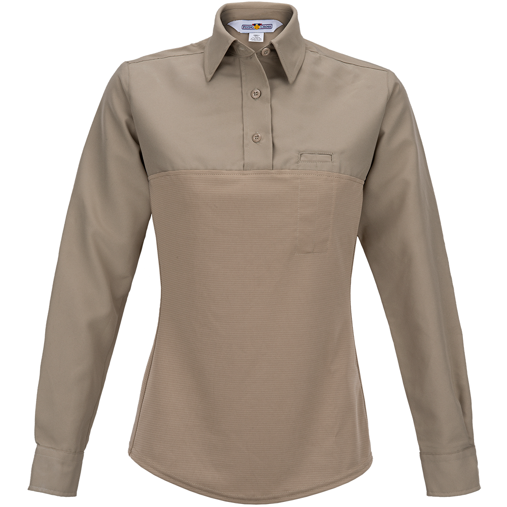 Flying Cross khaki women's long-sleeve shirt featuring a button-down collar, a breast pocket, and a textured lower section with subtle ribbed detailing