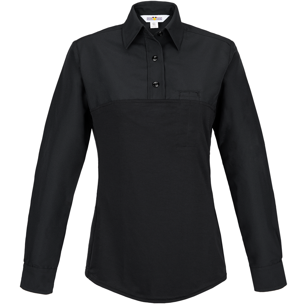 Product shot of a Flying Cross women's black long sleeve shirt featuring a contrast textured lower section and a small chest pocket