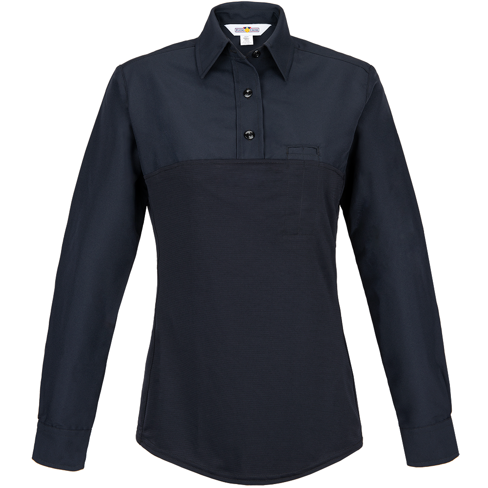 Flying Cross womens long sleeve shirt features a two toned navy design with a button down collar and breast pocket showcasing subtle texture and a tailored fit