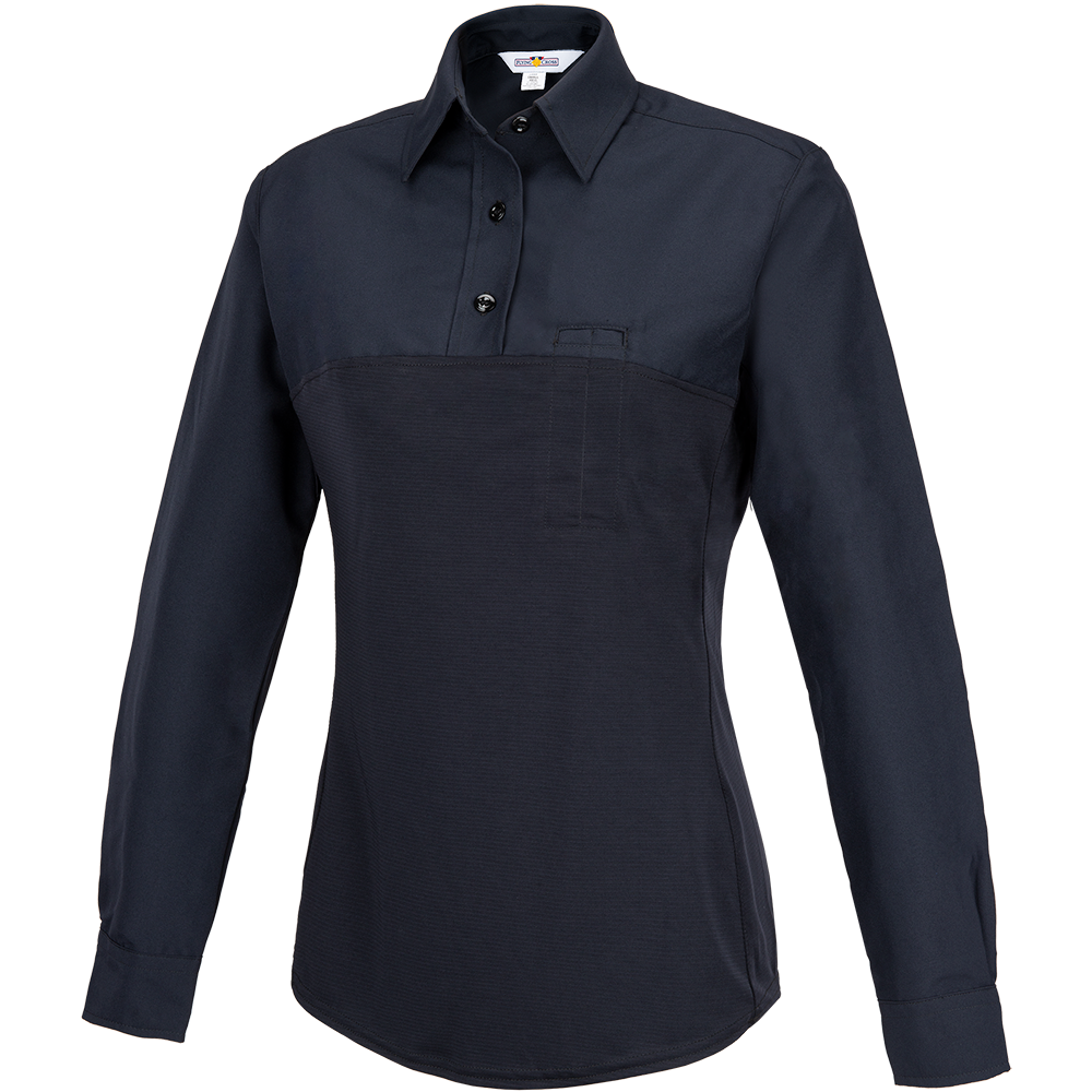 Product shot of a dark navy blue women's long-sleeve shirt with a contrasting textured panel and a small breast pocket featuring a button-down collar and fitted cuffs