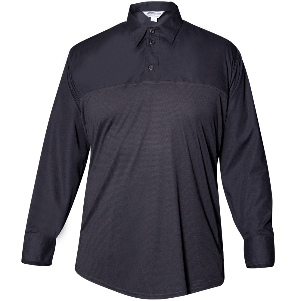 Product shot of a black, long-sleeved Performance Plus polo shirt with a contrasting upper section and buttoned collar showing subtle texture and a brand label