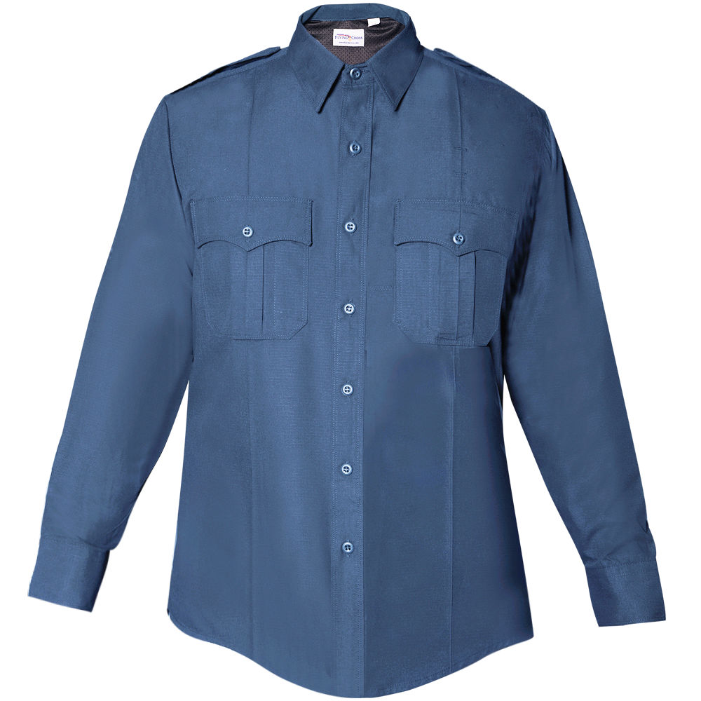 Product shot of a blue long-sleeve uniform shirt featuring two buttoned chest pockets and a subtle textured fabric with long sleeves and a button-down front.