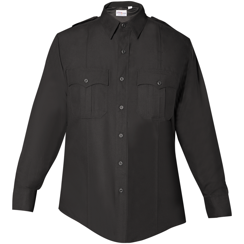 Product shot of a black long-sleeved button-down shirt featuring two chest pockets, a subtle textured fabric, and a reinforced collar