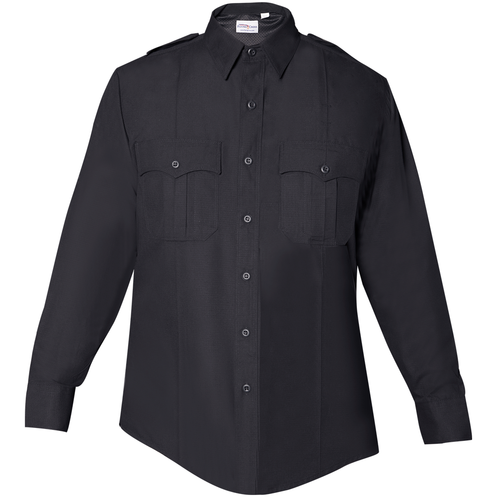 Product shot of a black long-sleeved button-down shirt with two chest pockets and reinforced stitching featuring a subtle textured fabric and dark button closures