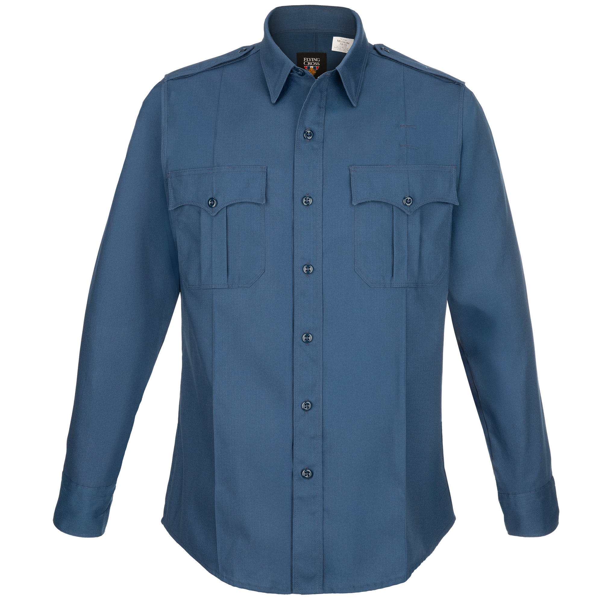 Product shot of a Flying Cross long-sleeve shirt in a slate blue color featuring two chest pockets, button cuffs, and a classic collar