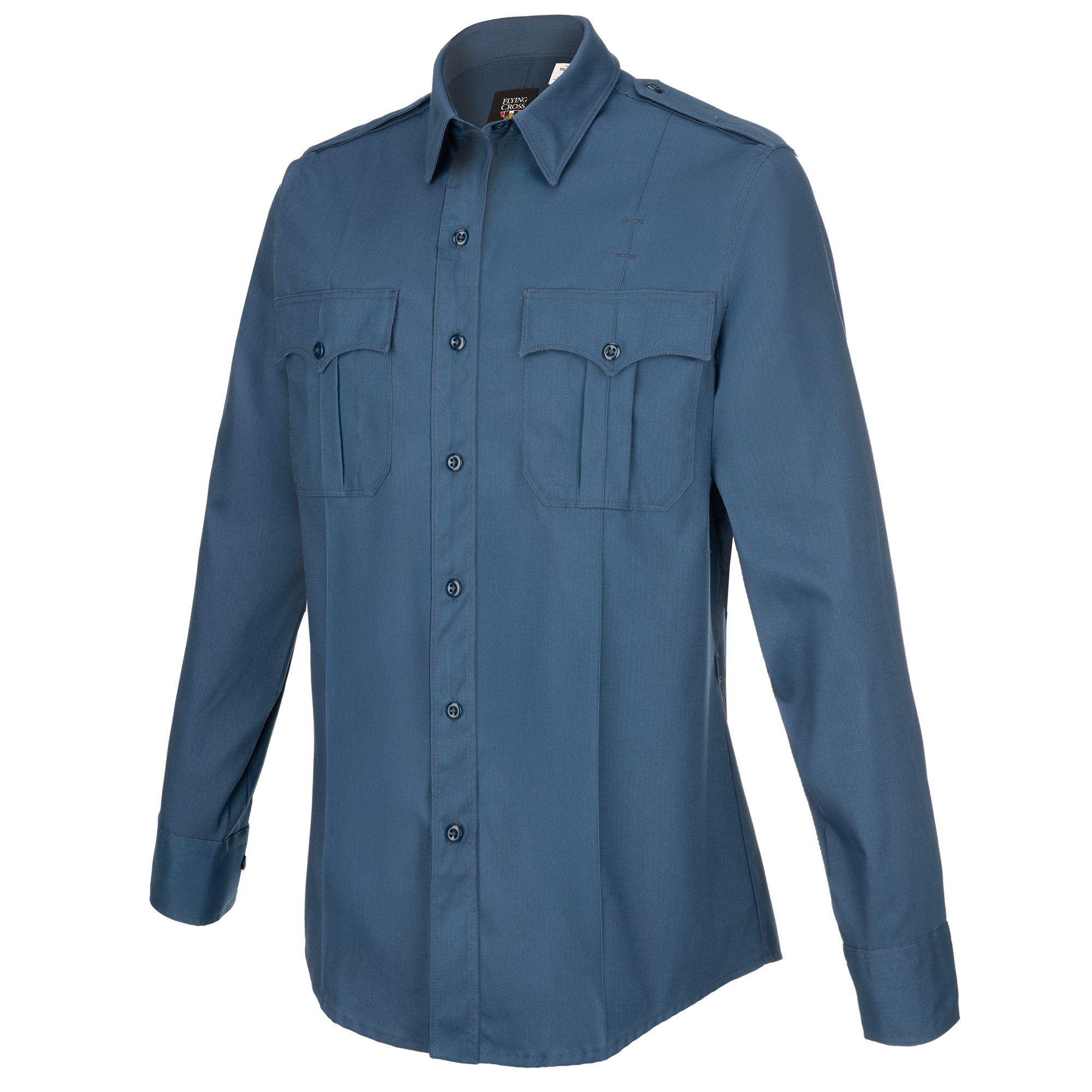 Product shot of a Flying Cross long-sleeve, steel-blue work shirt featuring two chest pockets with button flaps, a classic collar, and neatly stitched details