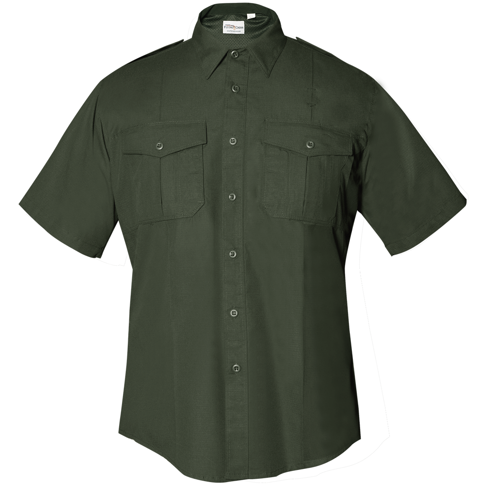 Product shot of a dark olive green 5.11 Tactical short-sleeve shirt featuring button closures, two flap pockets, and a breathable mesh back panel