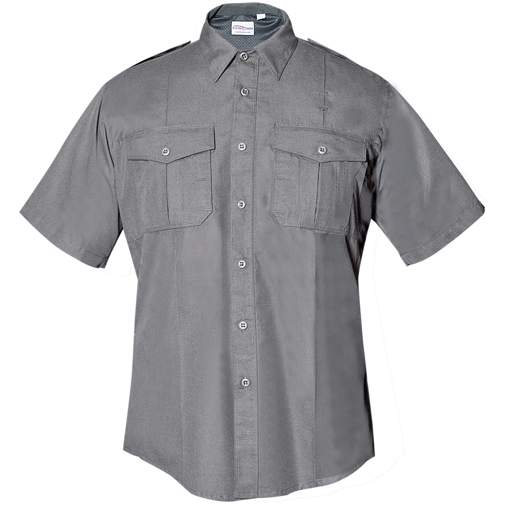 Product shot of a grey short-sleeved shirt featuring button-down front, two flap pockets, and a subtle textured fabric with reinforced stitching