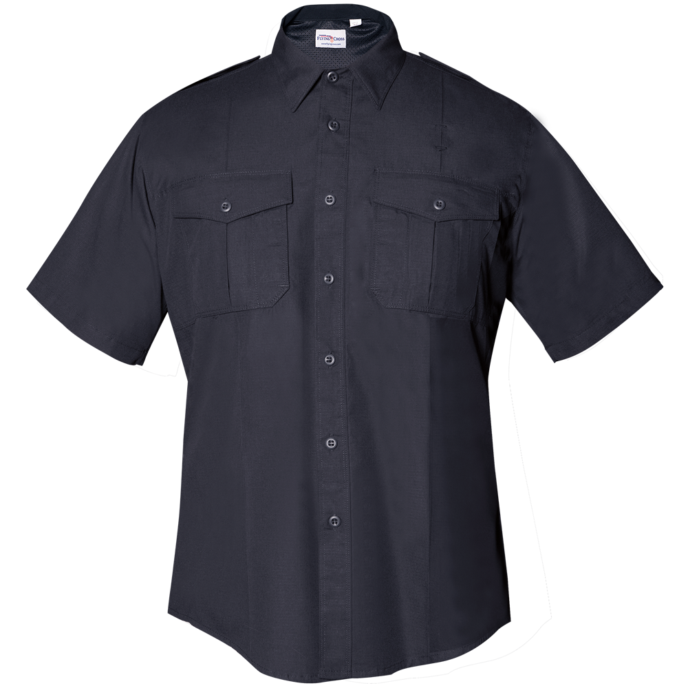 Product shot of a dark-navy blue 5.11 Tactical short-sleeve shirt featuring button closures, two flap pockets, and a breathable mesh collar