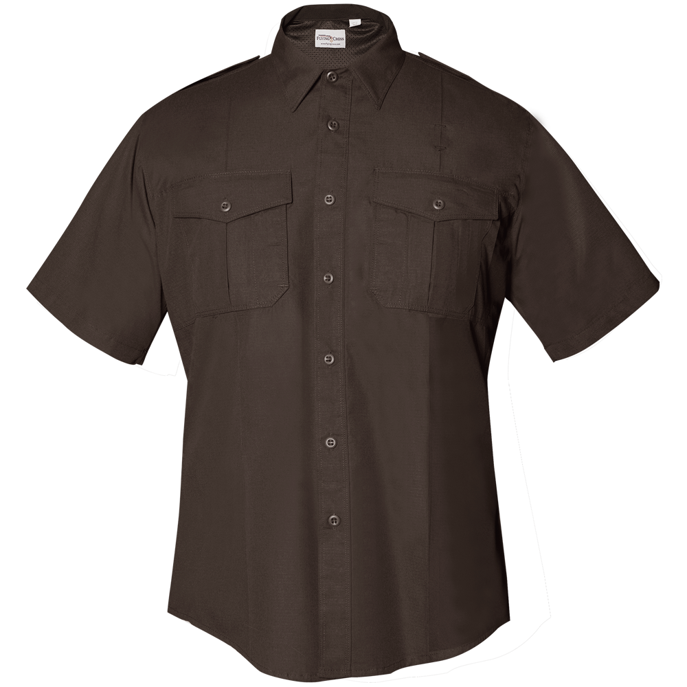 Product photo of a dark brown First Tactical short-sleeve button-down shirt featuring two chest pockets and a subtle logo it has a breathable design and reinforced stitching