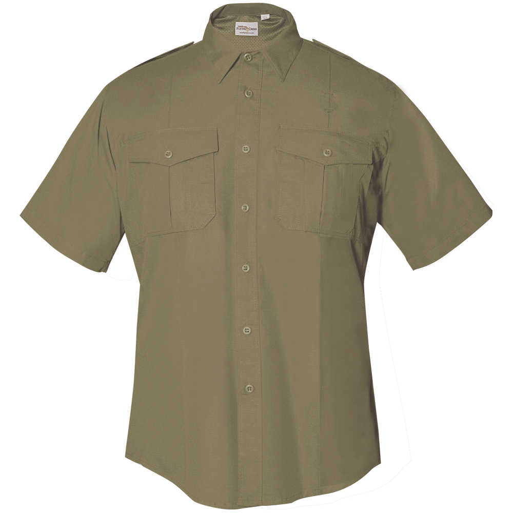 Product image showing a beige, short-sleeved, button-down Platinum Cross work shirt featuring two chest pockets and a subtle embroidered logo on the left breast