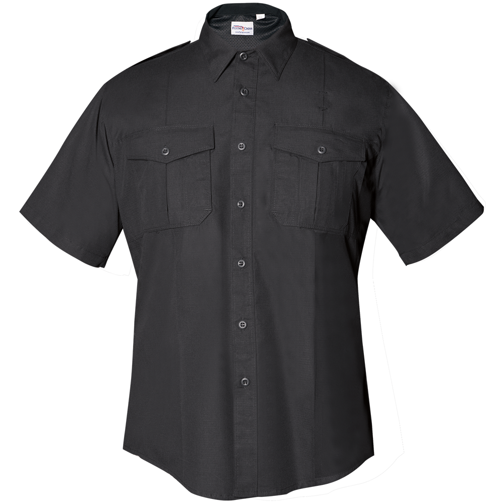 Product image of a black, short-sleeved, button-down shirt with two flap pockets and a breathable mesh collar featuring reinforced stitching and a subtle textured fabric