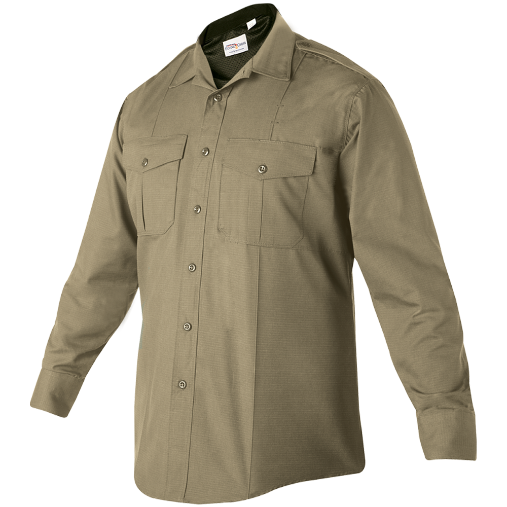 Product image of a 5.11 Tactical long-sleeve shirt featuring a muted olive green color, two buttoned chest pockets, and a reinforced collar.