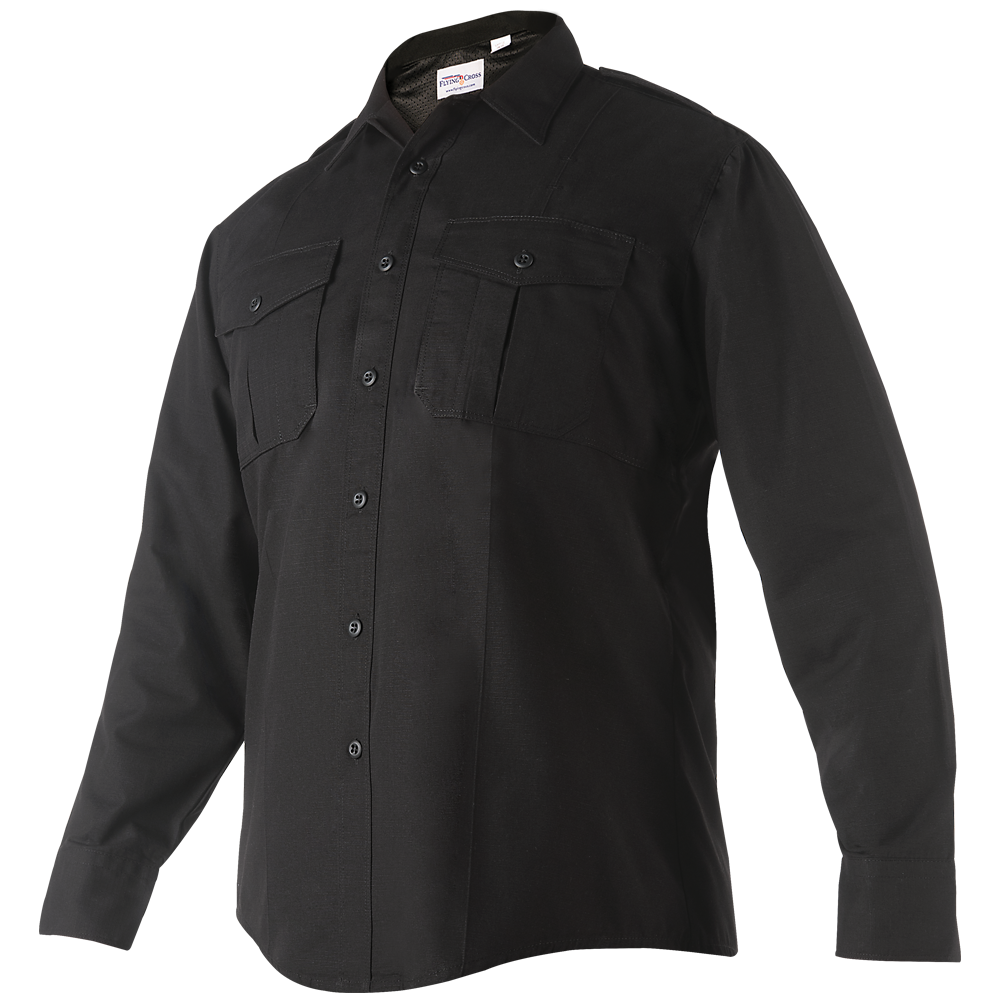 Product shot of a Flying Cross black long-sleeve shirt featuring two chest pockets and a button-down front showcasing its durable fabric and subtle texture