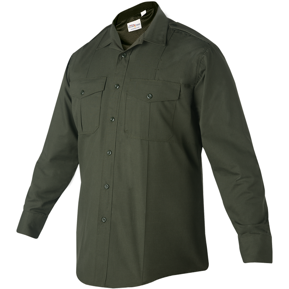 Product shot of a dark olive green long sleeve shirt with buttoned chest pockets and a button-down collar showing subtle texture and a small logo on the inner collar