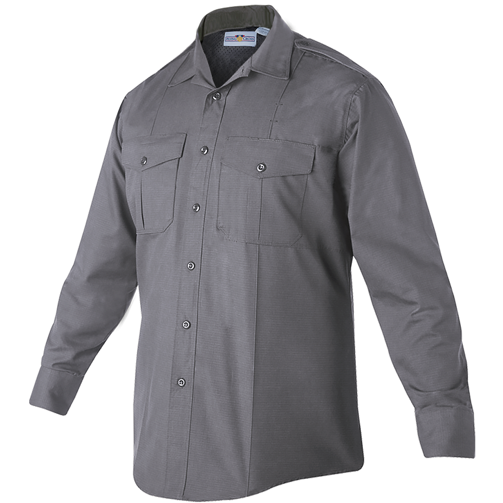 Product shot of a King Cross grey long-sleeve work shirt featuring two chest pockets and button-down front showing subtle texture and reinforced stitching