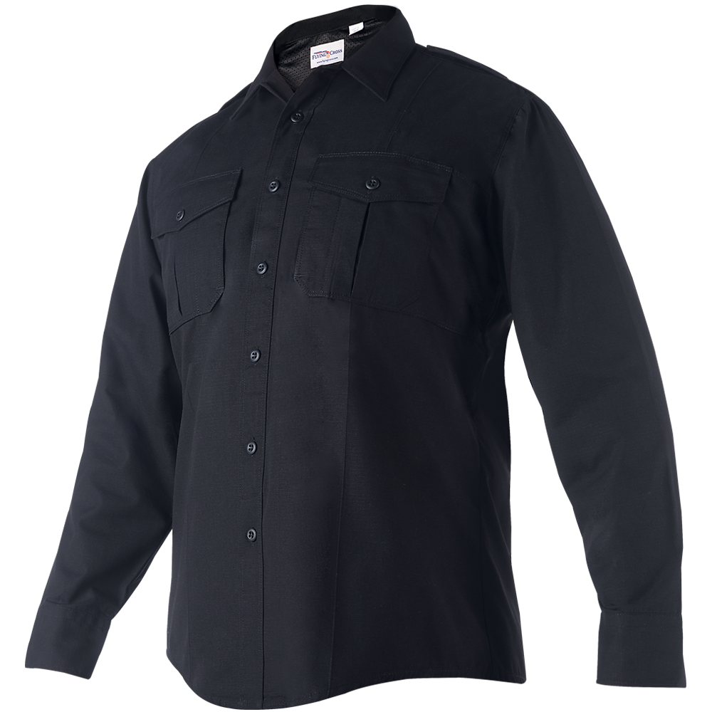 Product shot of a Flying Cross brand dark navy blue long sleeve uniform shirt featuring two chest pockets and button-down front closure showing subtle texture and detailed stitching