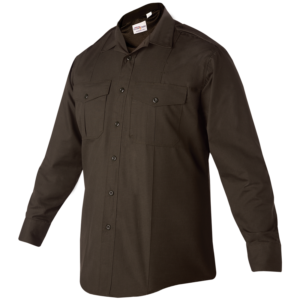 Product shot of a dark brown long-sleeve button-down shirt with two chest pockets and black buttons showcasing subtle texture and a branded label