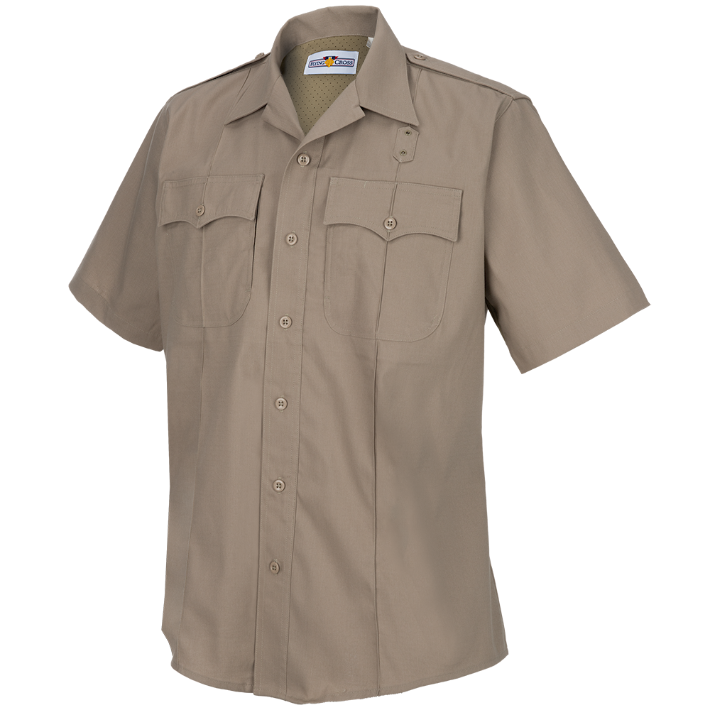Product image of a beige Pyeng Cross short-sleeve uniform shirt featuring two chest pockets, button closures, and a classic collar design