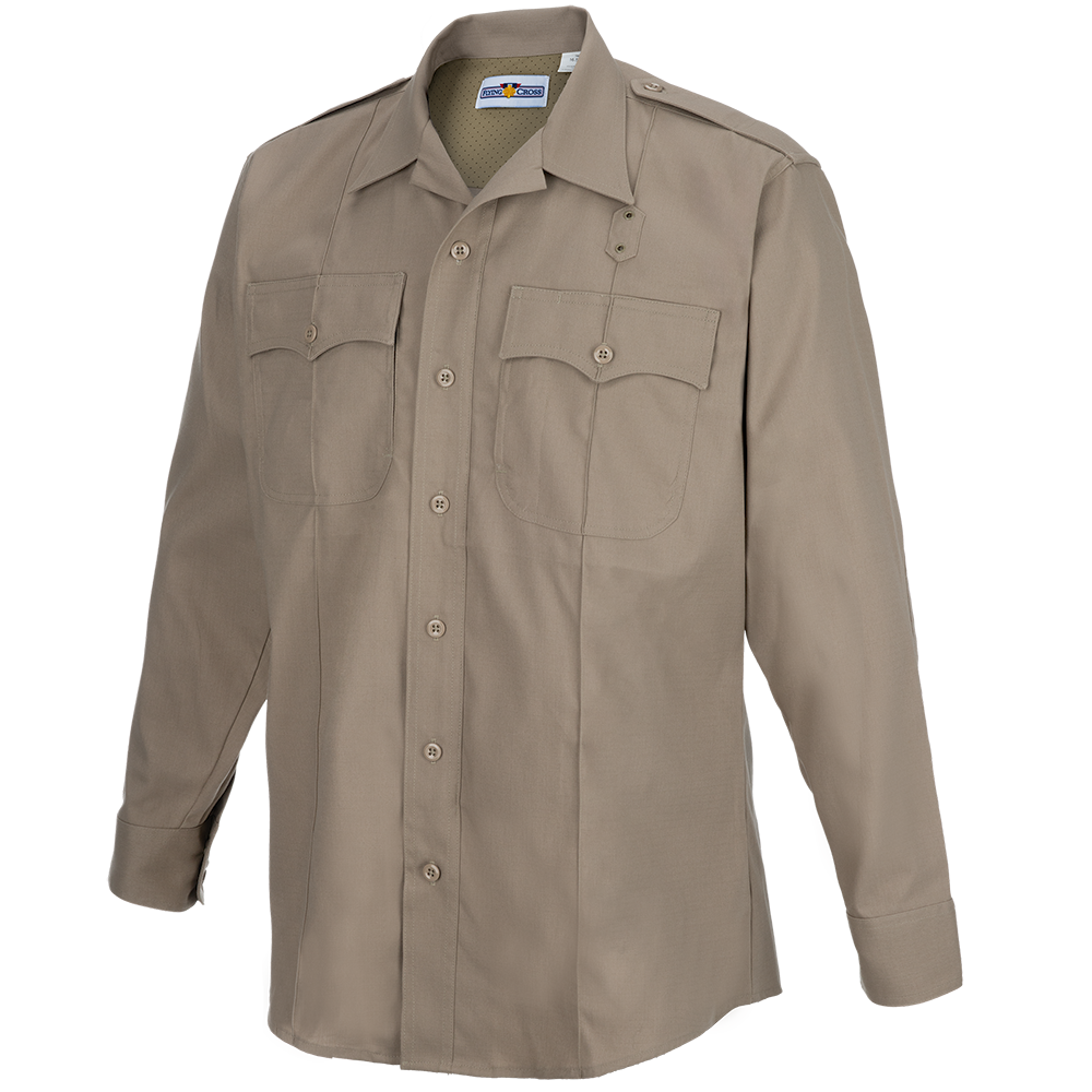 Product shot of a tan long-sleeve King Cross uniform shirt featuring button closures, two chest pockets with flaps, and a unique collar style