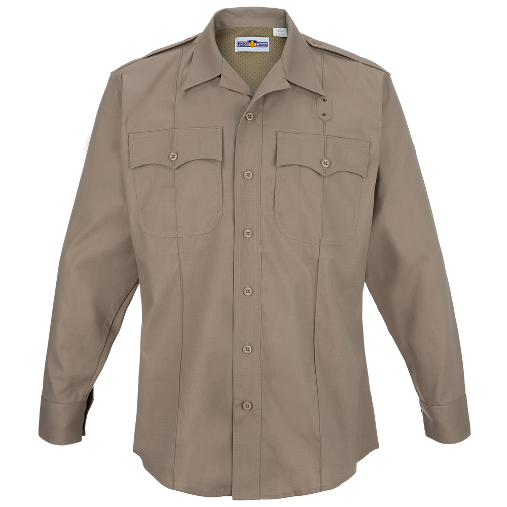 Product shot of a Flying Cross khaki long-sleeve shirt featuring button closures, two chest pockets, and a unique collar design.
