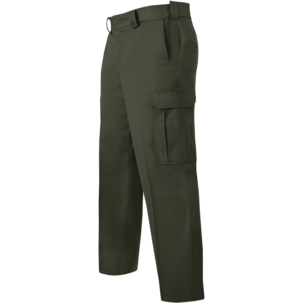 Product shot of dark olive green tactical cargo pants showing a zippered pocket and two large cargo pockets