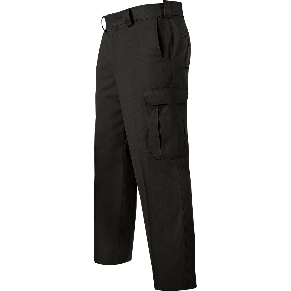 Product shot showing black tactical pants with a large cargo pocket and smaller utility pockets featuring a reinforced waistband and durable fabric