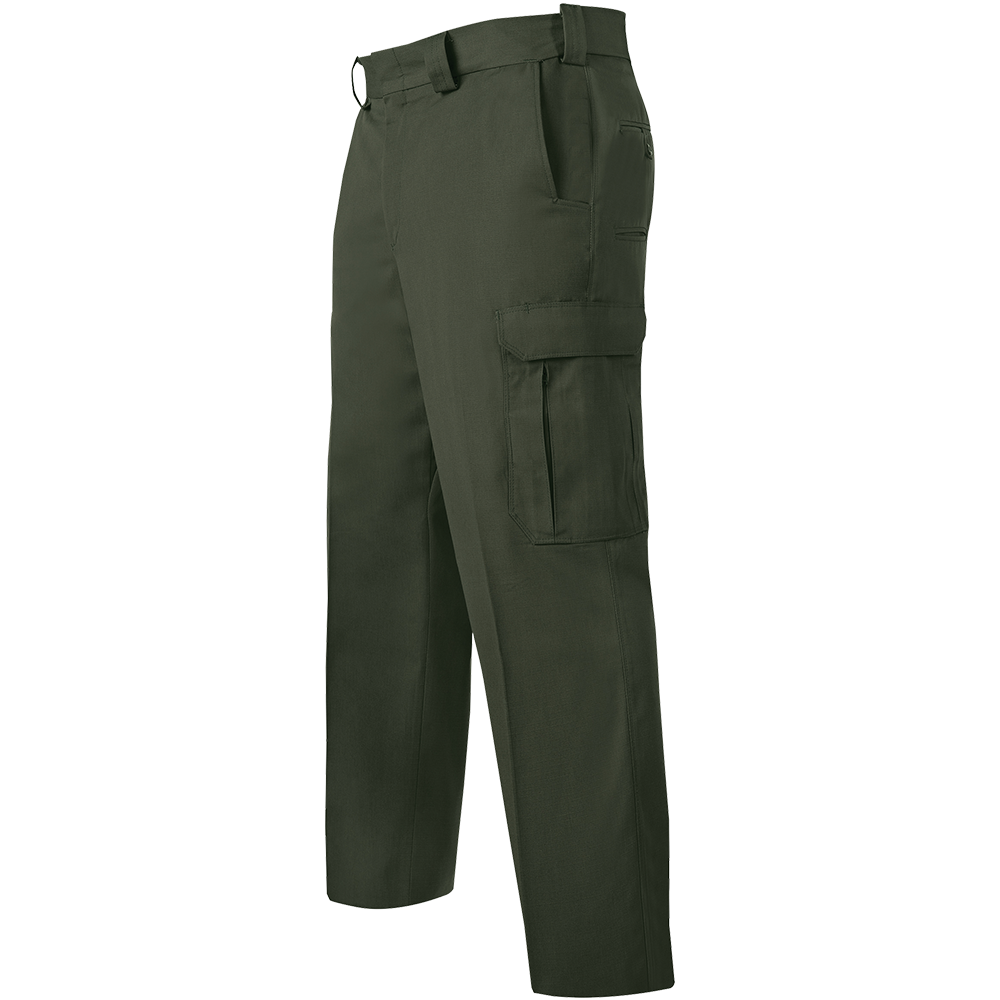 Product shot of dark olive green tactical pants featuring multiple pockets a zippered cargo pocket and a flat front design
