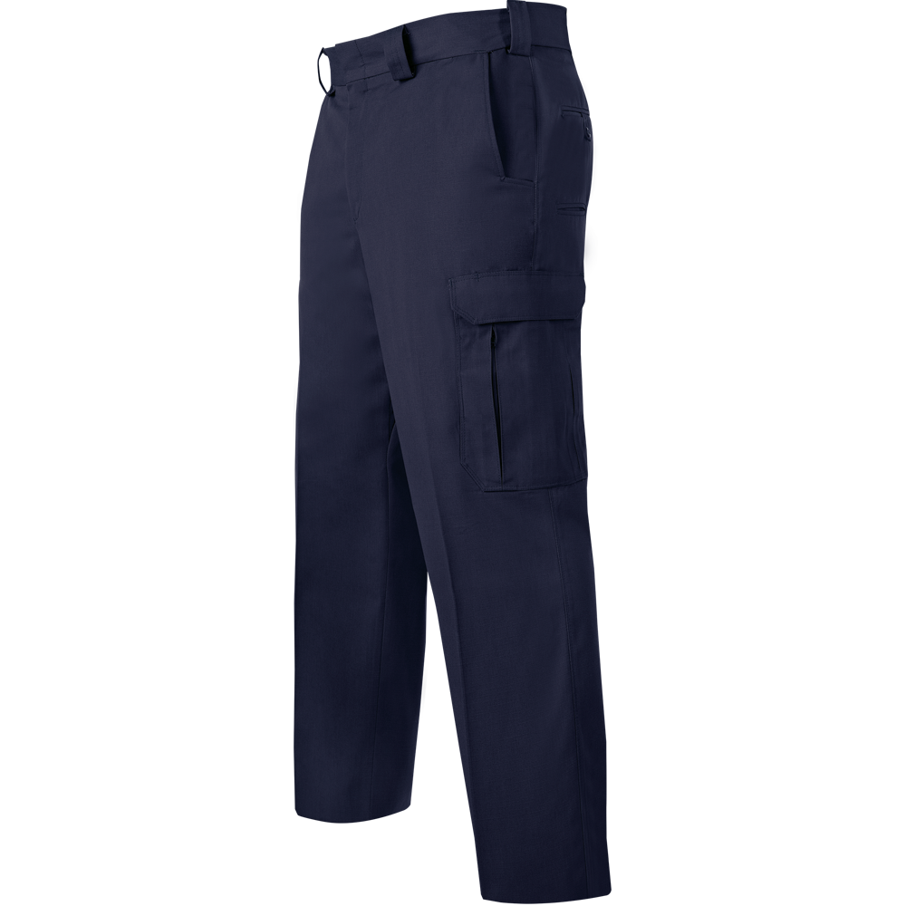Product shot of navy blue tactical pants featuring multiple pockets a zippered pocket and a reinforced waistband