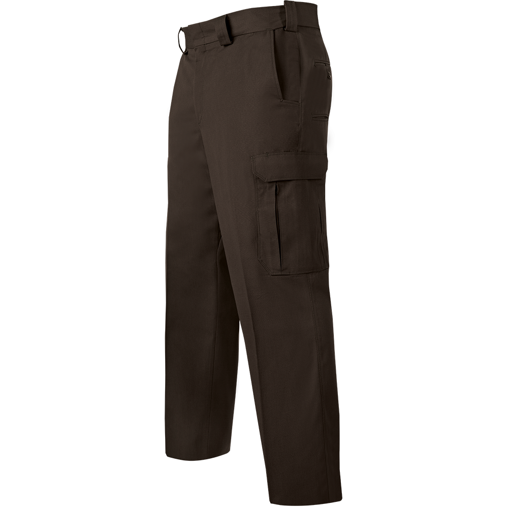 Product shot showing dark brown tactical pants with multiple pockets and a zippered detail a reinforced knee area and a sturdy belt loop