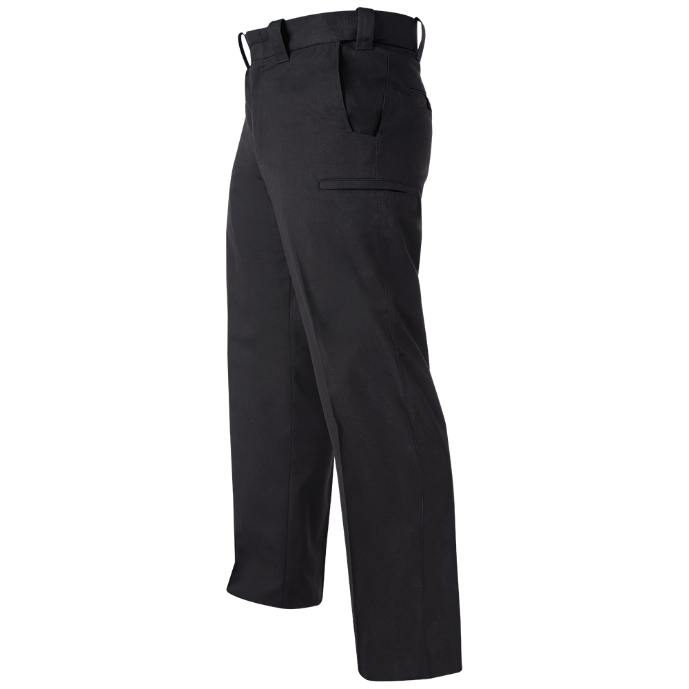 Product shot of black pants featuring a front pocket and side cargo pocket showing subtle texture and a clean crease down the leg