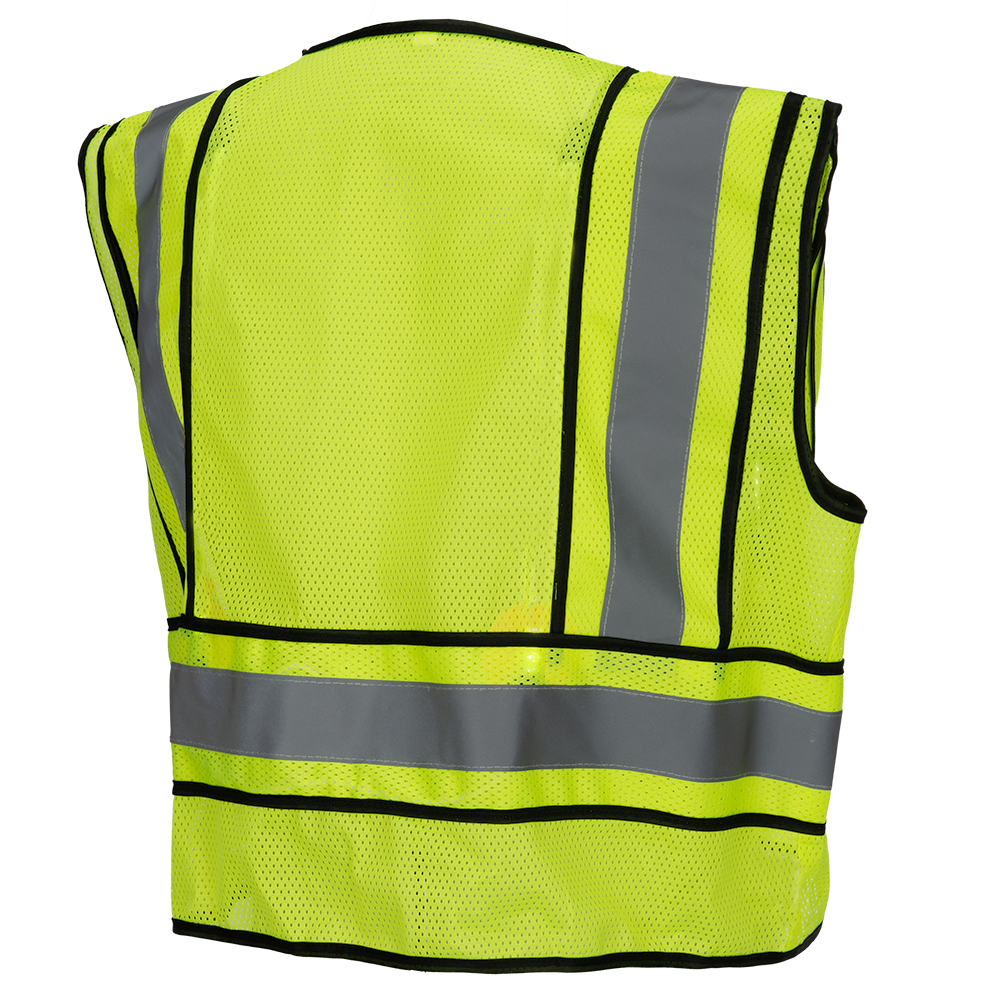 Product shot of a lime-green safety vest with reflective gray stripes and black trim showcasing breathable mesh material