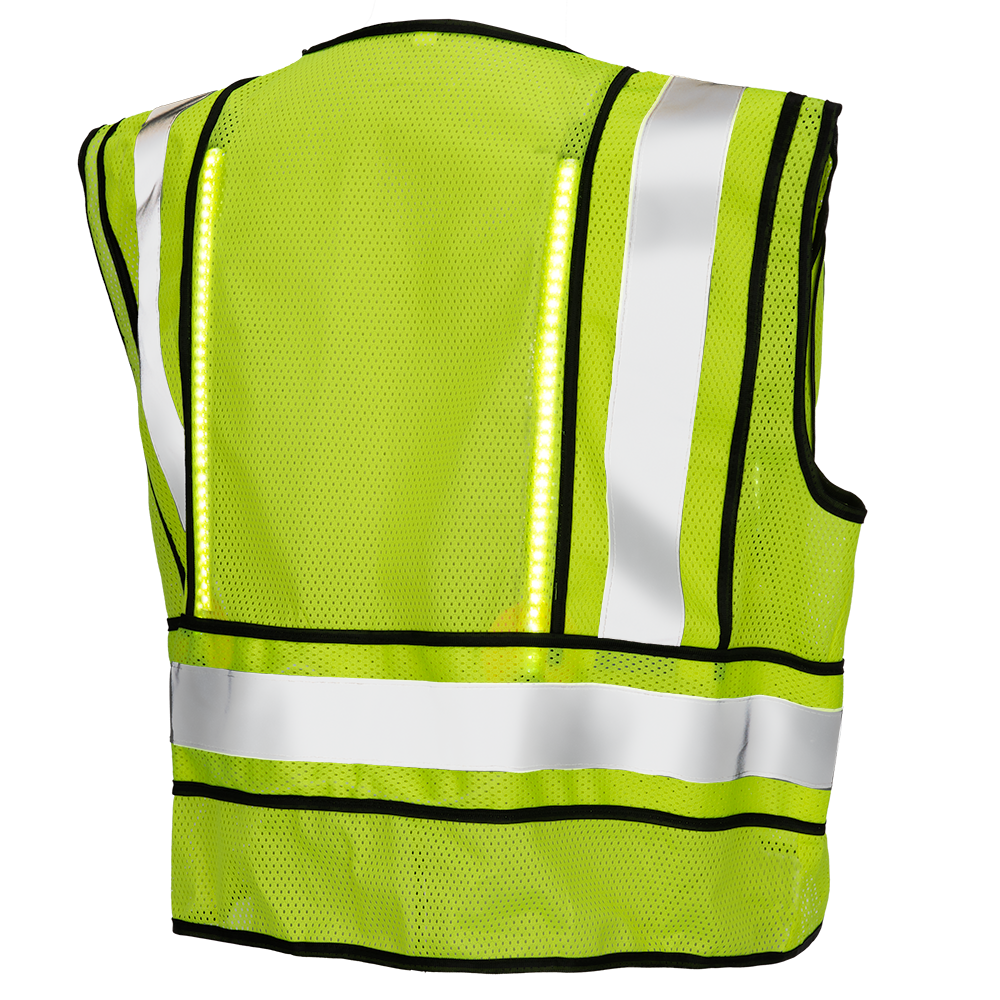 Product image showing the back of a lime green safety vest with reflective silver stripes and bright LED lights